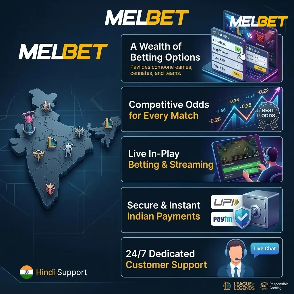 Melbet India LoL betting advantages including welcome bonus, UPI payments, competitive odds and mobile app features