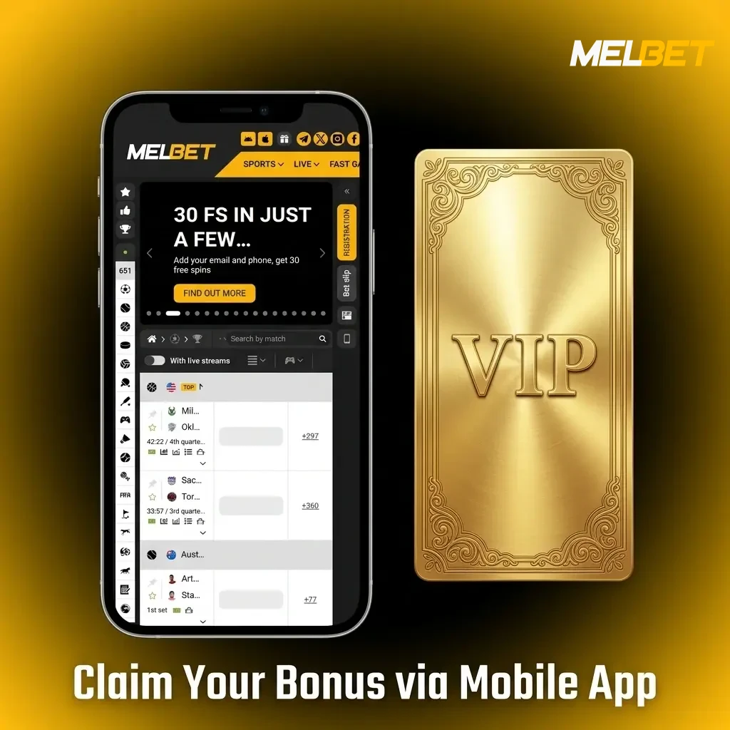 Melbet mobile app on Android and iOS showing bonus claim steps with a minimum ₹75 deposit requirement
