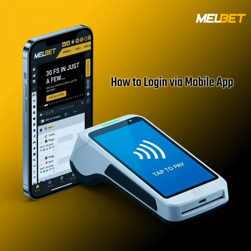 Melbet mobile app login screen showing steps to sign in using phone number, email, or username securely