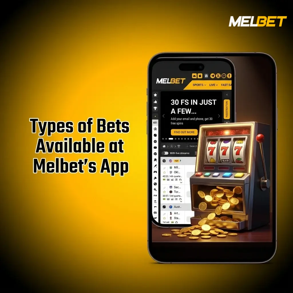 Types of bets at Melbet app including single, accumulator, system, chain, and handicap bets for pre-match and live events