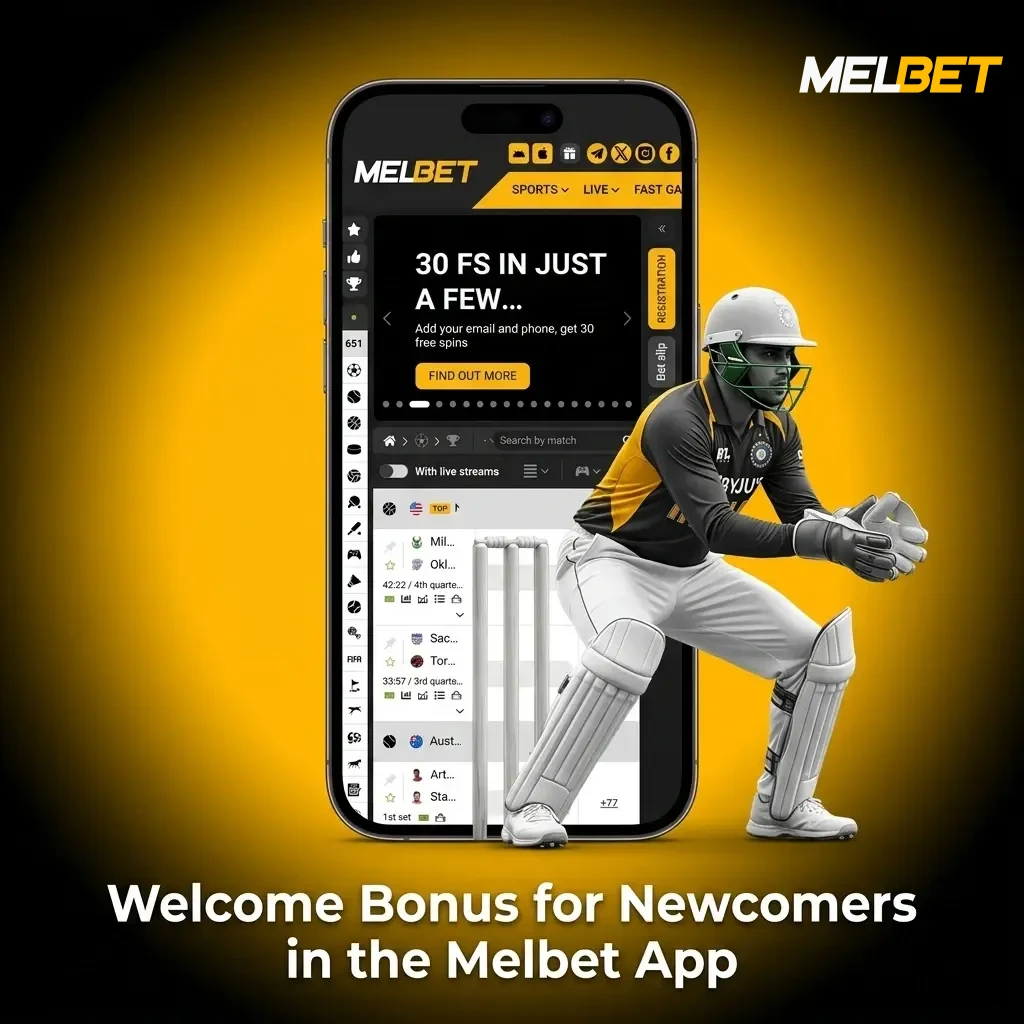 Melbet app welcome bonus offering 100% up to ₹20,000 for sports or casino with 290 free spins for new users